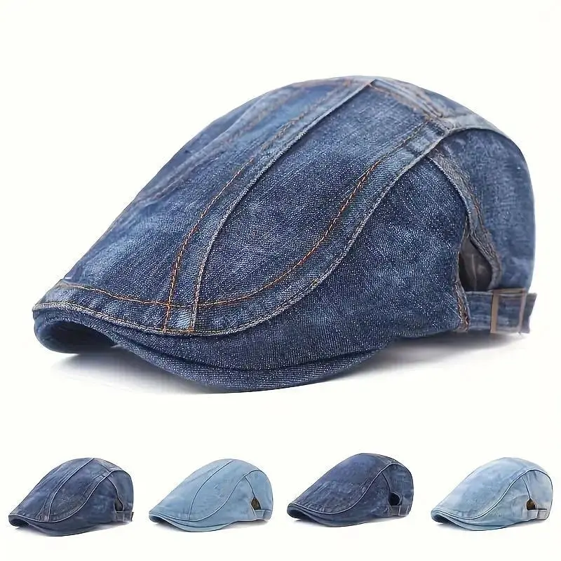 Unisex Denim Vintage French Style Adjustable Solid Color Painter's Beret - Casual Streetwear Luggage & Bag Accessory for Sports, Outdoor Use, Retro, Painter’s Hat, Daxiao Strap, Versatile Beret, Adjustable Casual Hats, Newsboy Cap, Vintage Painter Detail