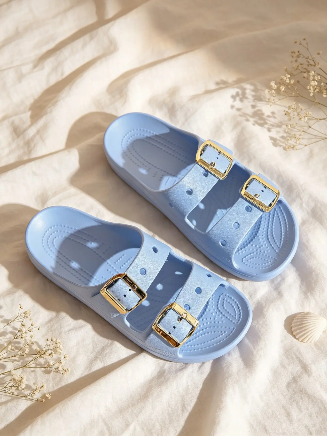 Cute Pastel Blue Two Buckle Platform Slides, Women's Soft Eva Cushion Footbed, Open Toe Sandals, Adjustable Metal Buckle, Lightweight