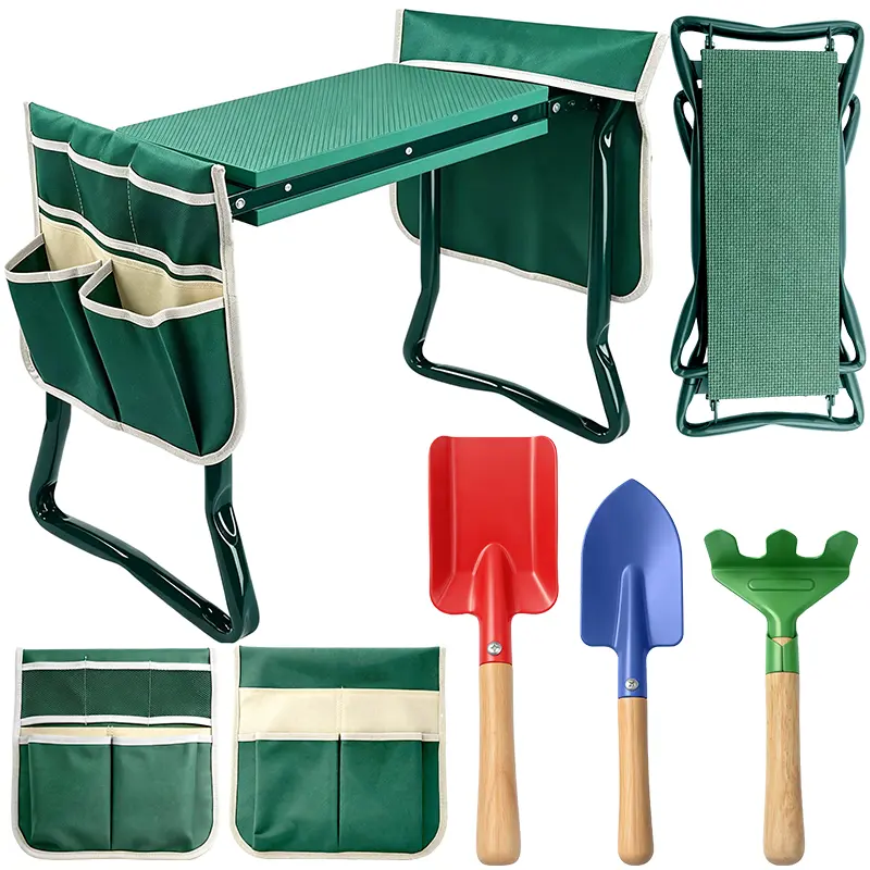 Garden kneeling pad, heavy-duty portable seat, portable garden stool with knee pads and 2 tool bags and 3 garden shovels, foldable garden bench, a gift for the elderly and family gardening enthusiasts.