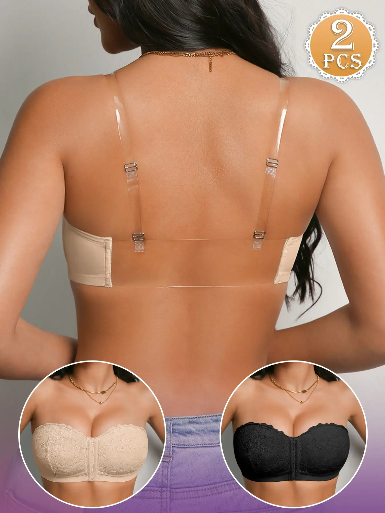 Women Non-slip Lace Strapless Bandeau Bra, Front Closure, Detachable Clear Straps, Push Up Anti-sagging Elegant, Ideal for Wedding, Off-shoulder & Backless Outfits