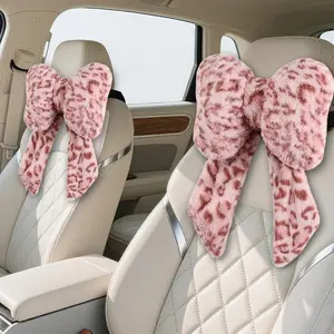 2 Pack Bow Car Headrest Pillow Comfortable Soft Plush Head Rest Cushion, Neck Pillow Driving Office Use and Car Interior Decoration (Pink Leopard)