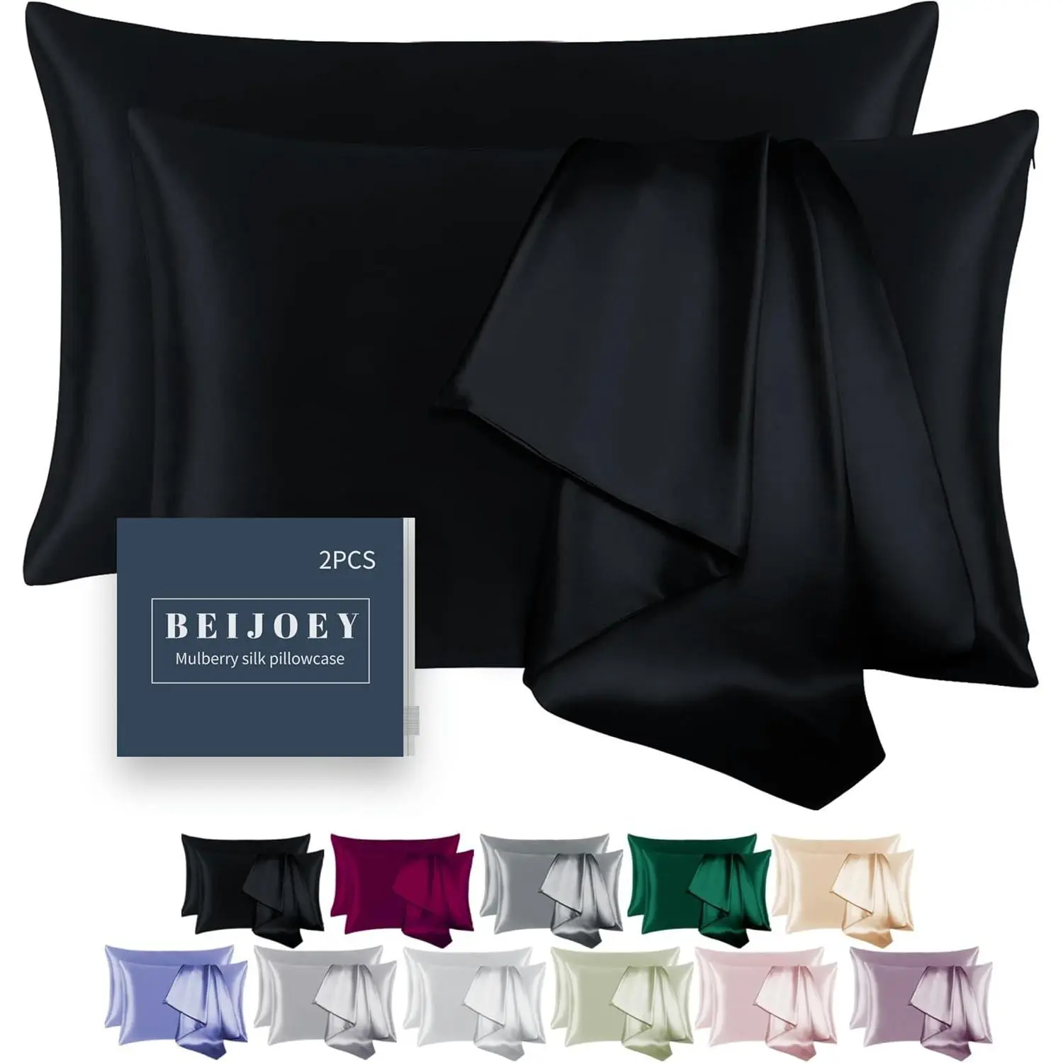 100% Mulberry Silk Pillowcase 2 Pack for Hair and Skin,with Hidden Zipper,Both Sides 19 Momme 600 Count Natural Silk Pillow Cover,Soft Breathable (Black, Standard 20''x26'')