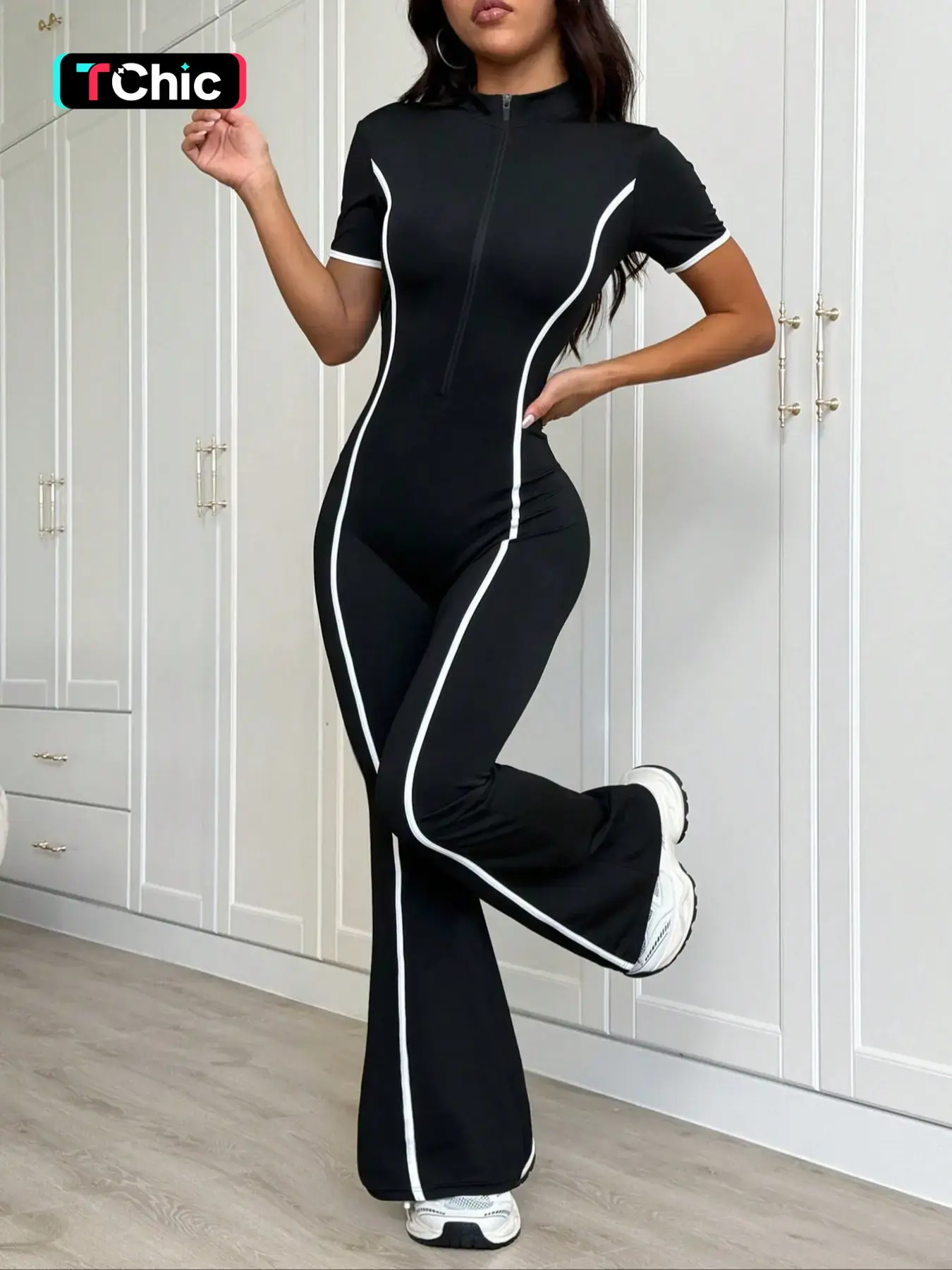 Women's Colorblock Zipper Fall Winter Fleece Lined Knit Yoga Jumpsuit, Long Sleeve Slim Fit Casual Fashion Jogger Pants