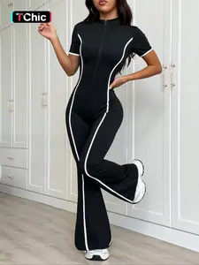 Women's Colorblock Zipper Fall Winter Fleece Lined Knit Yoga Jumpsuit, Workout Jumpsuits, Long Sleeve Slim Fit Casual Fashion Clothes, Front Zip Jumpsuit