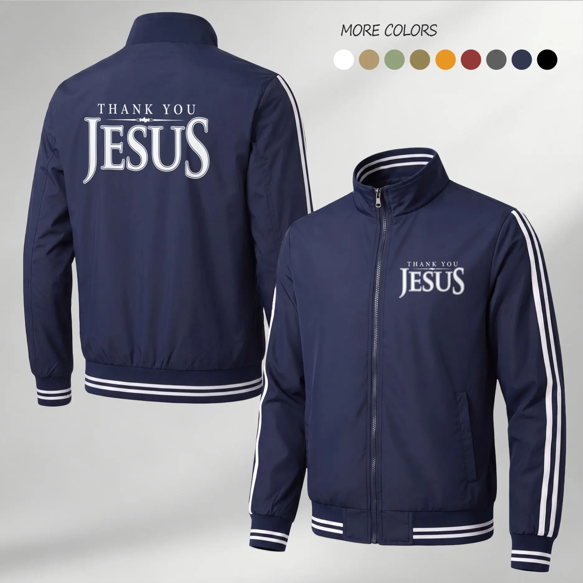 Men’s “THANK YOU JESUS” Graphic Print Lightweight Bomber Jacket – Faith Streetwear Flight Jacket with Stripe Sleeve Detail & Ribbed Trim Urban Style