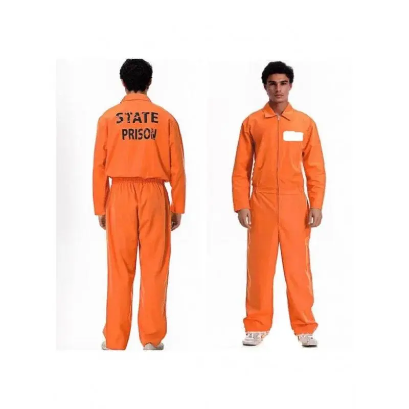Adult Inmate Costume Halloween Prisoner Cosplay Jumpsuit Lapel Long Sleeve One Piece Unitard Men Orange Prisoner Jail Uniform