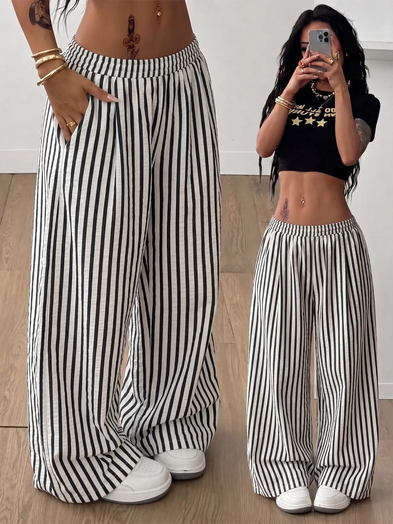American Retro Black & White Striped High-Waisted Casual Long Pants Y2K Streetwear Viral Vibe