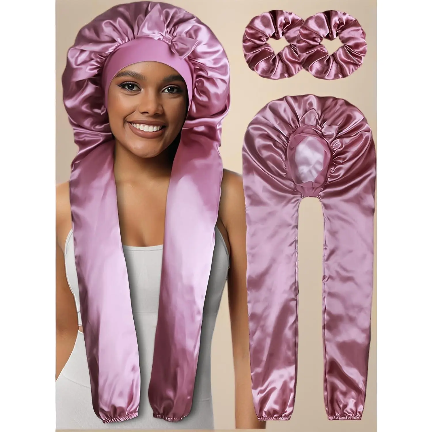 1+2 Satin Pantyhose Bonnet for Braids, Long Hair Bonnet for Women Sleeping