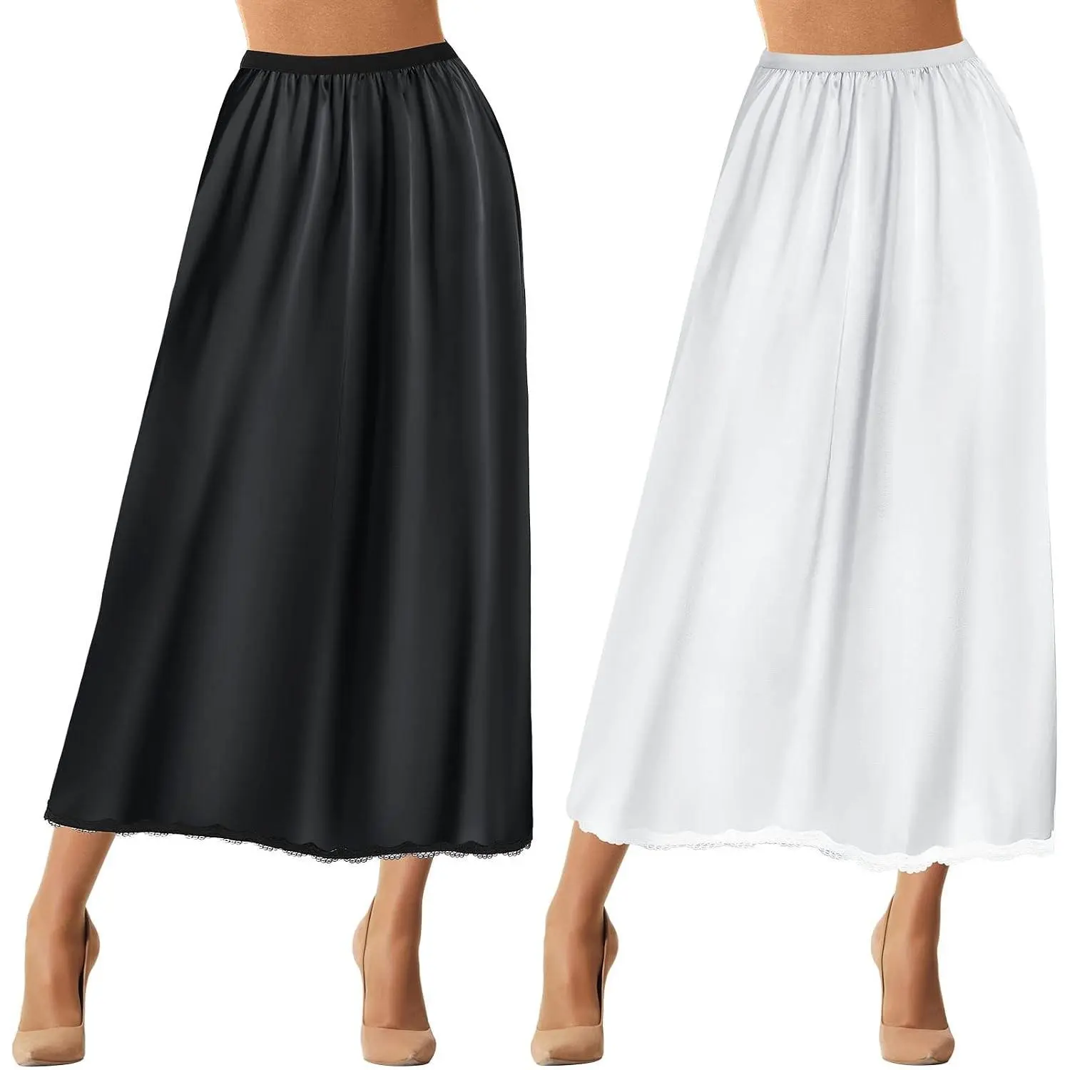 2 Pieces Half Slip Lace Long Underskirt Women's Satin Half Slip for Under Dresses