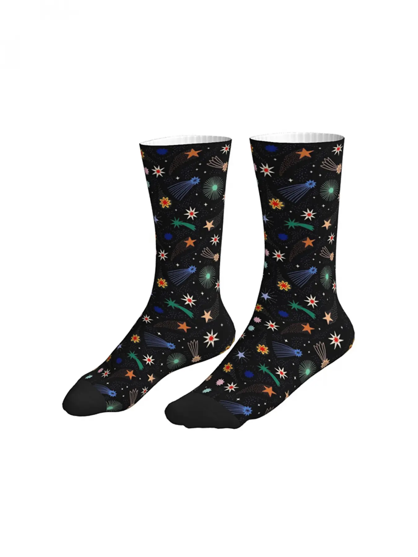 Colorful Starry Night Crew Socks Black Base with Shooting Stars