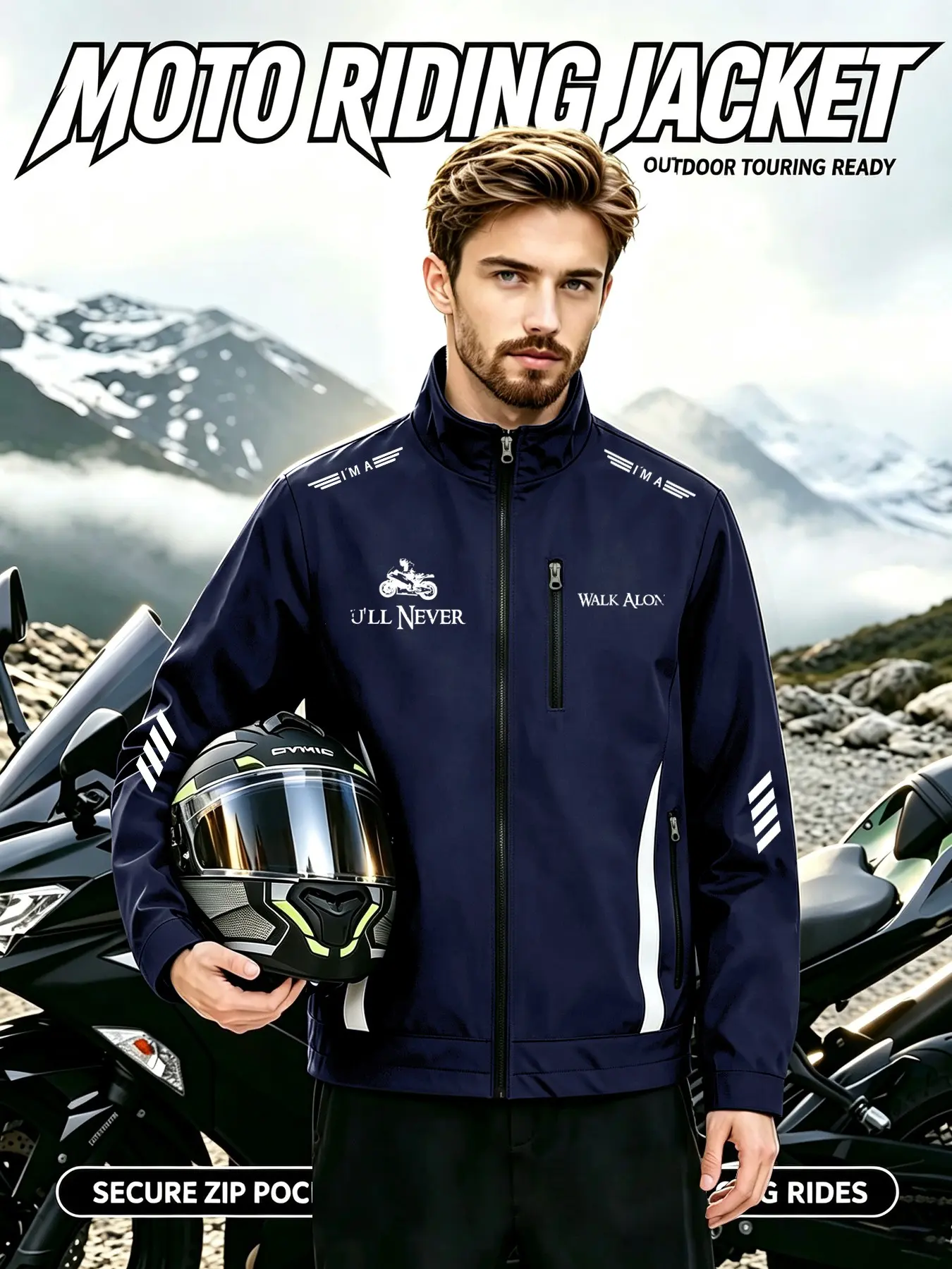 You'll Never Walk Alone Men's Motorcycle Shadow Print Jacket, Loose-Fit Casual Outerwear, Geometric Pattern
