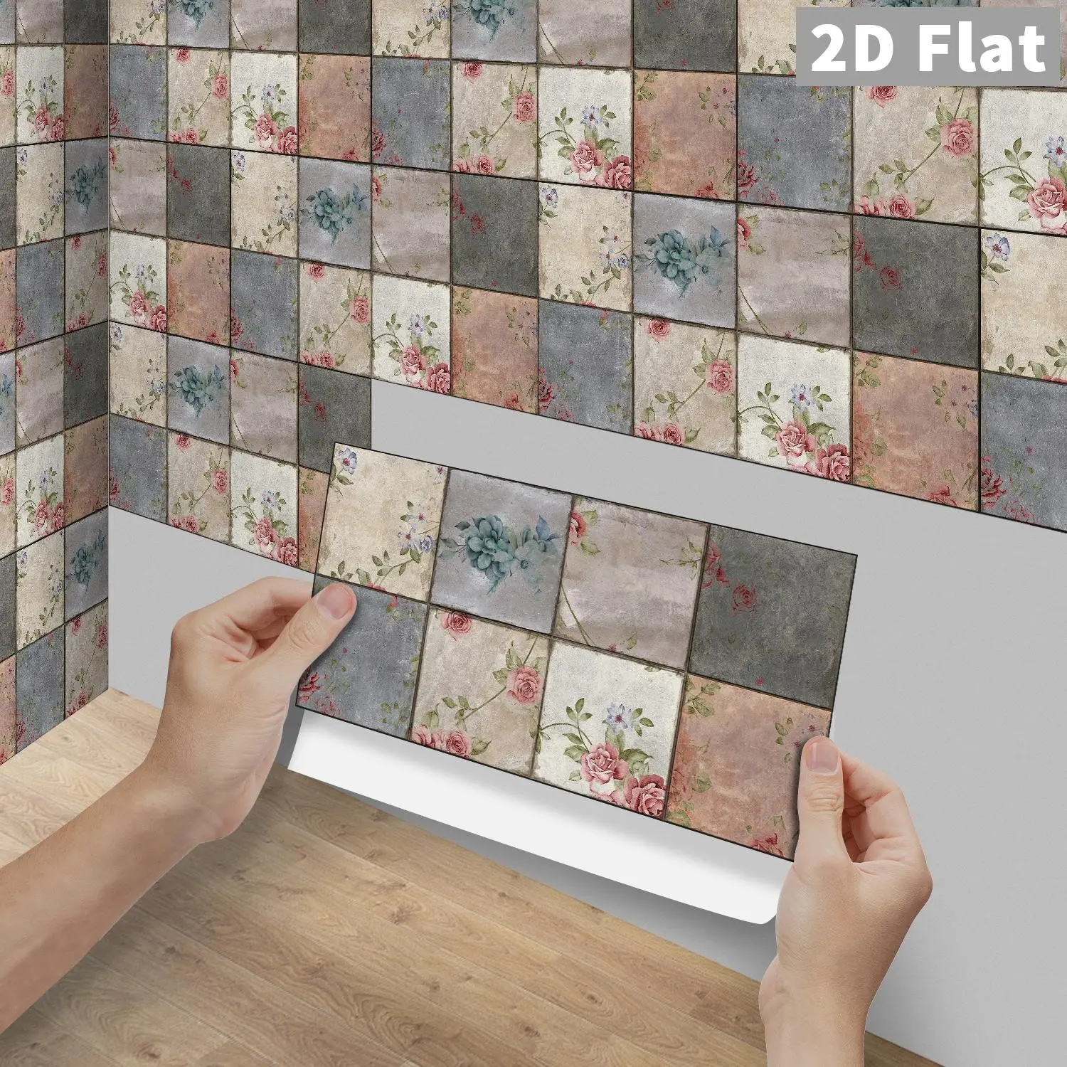 6/12/24/48PCS FG Vintage Shabby Rose Floral Decorative Tiles Stickers PVC Crystal Film Peel & Stick Waterproof Wall Decals Kitchen Splashback Decor