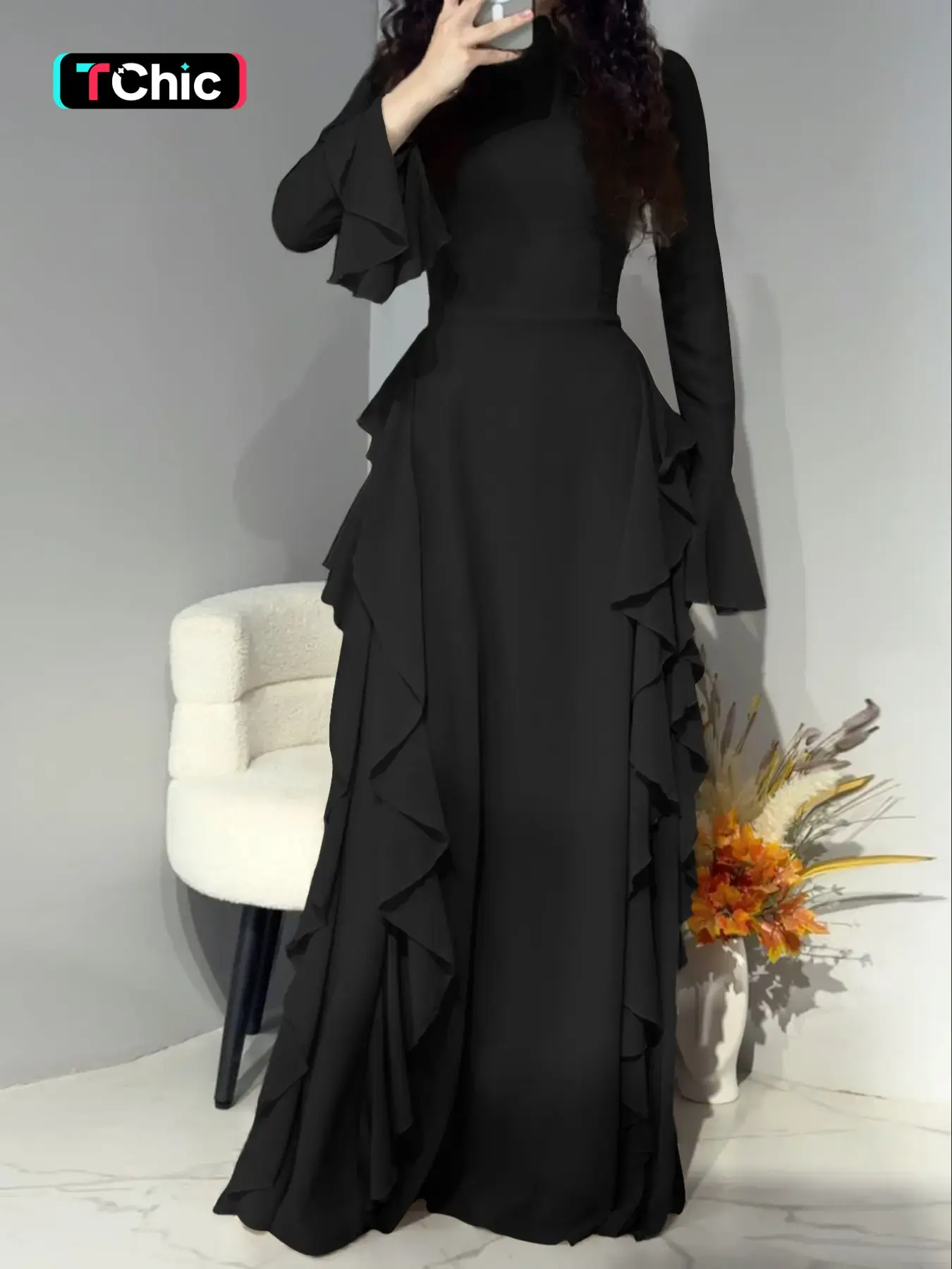 Pure Color Flare Sleeve Waist Cinching Long Dress, Slim-Fitting Elegant Holiday Style, Spring & Fall Fashion, Plain Pattern, Women's Clothing
