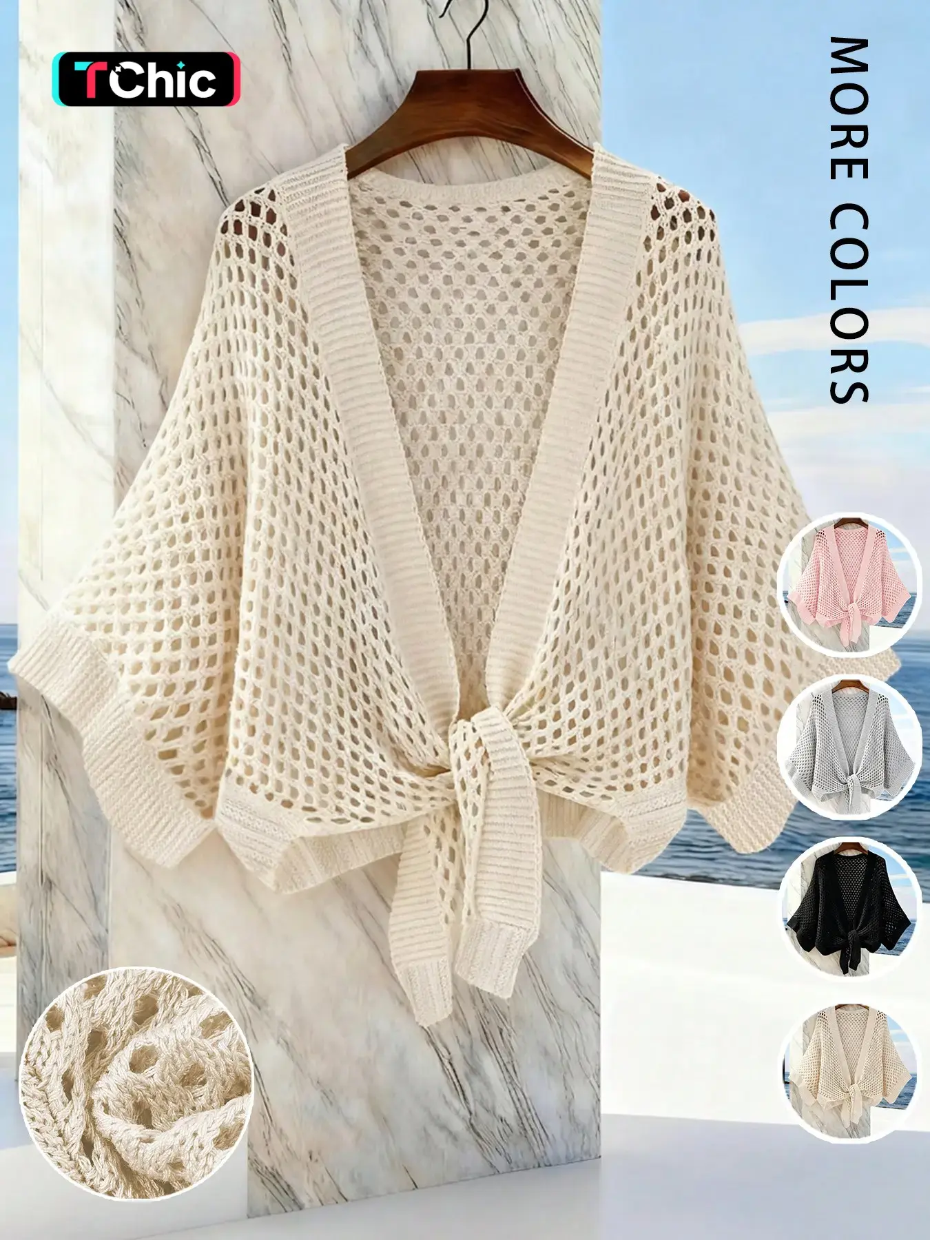 Women's V-Neck Hollow-Out Knit Short Cardigan, Breathable Outerwear, Casual Fitted Knitwear for Spring & Summer