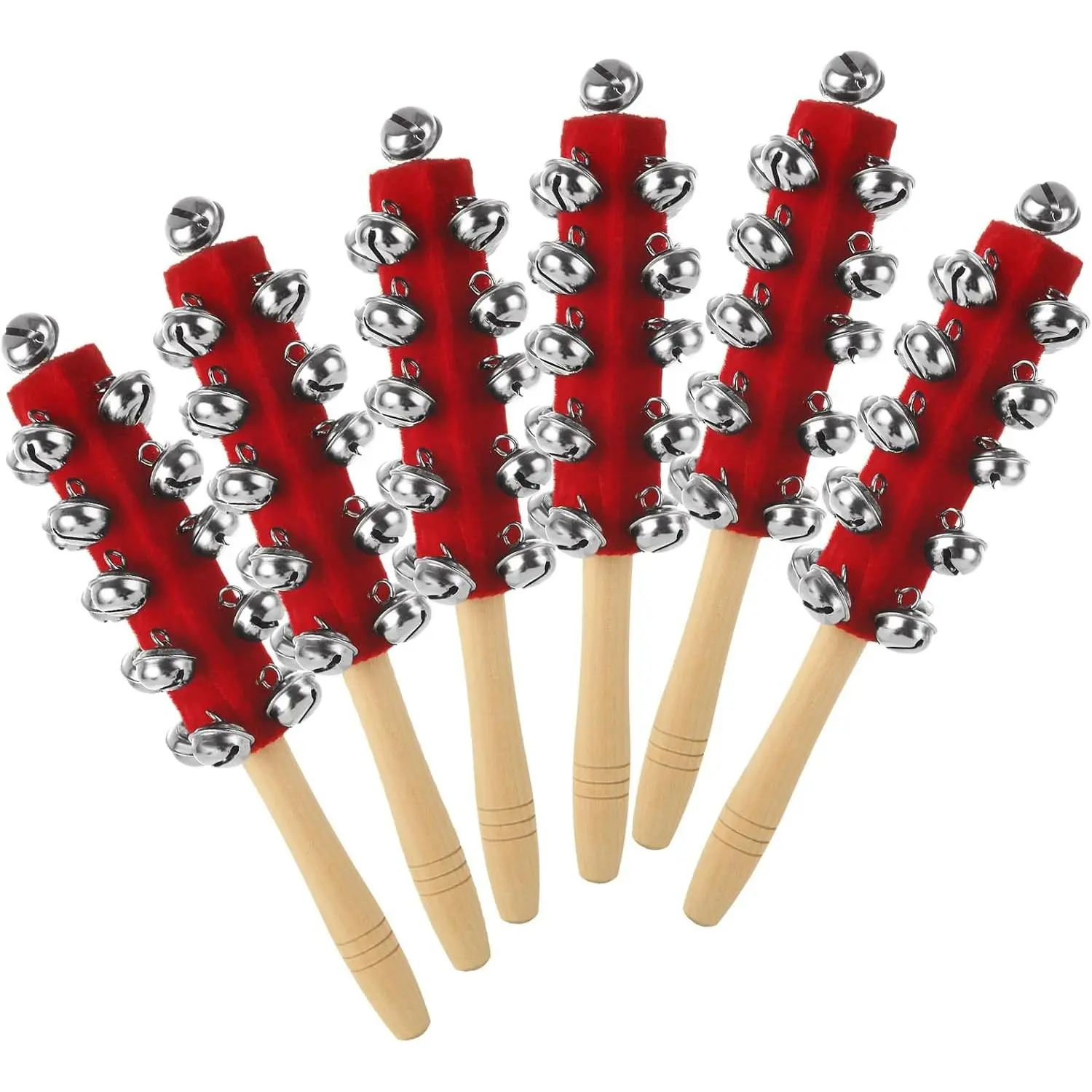 6 Pack Christmas Hand Jingle Bells Wooden Handle Sleigh Bells Stick Shaker Rattle Musical Percussion Handheld Bells Holiday Xmas Gifts