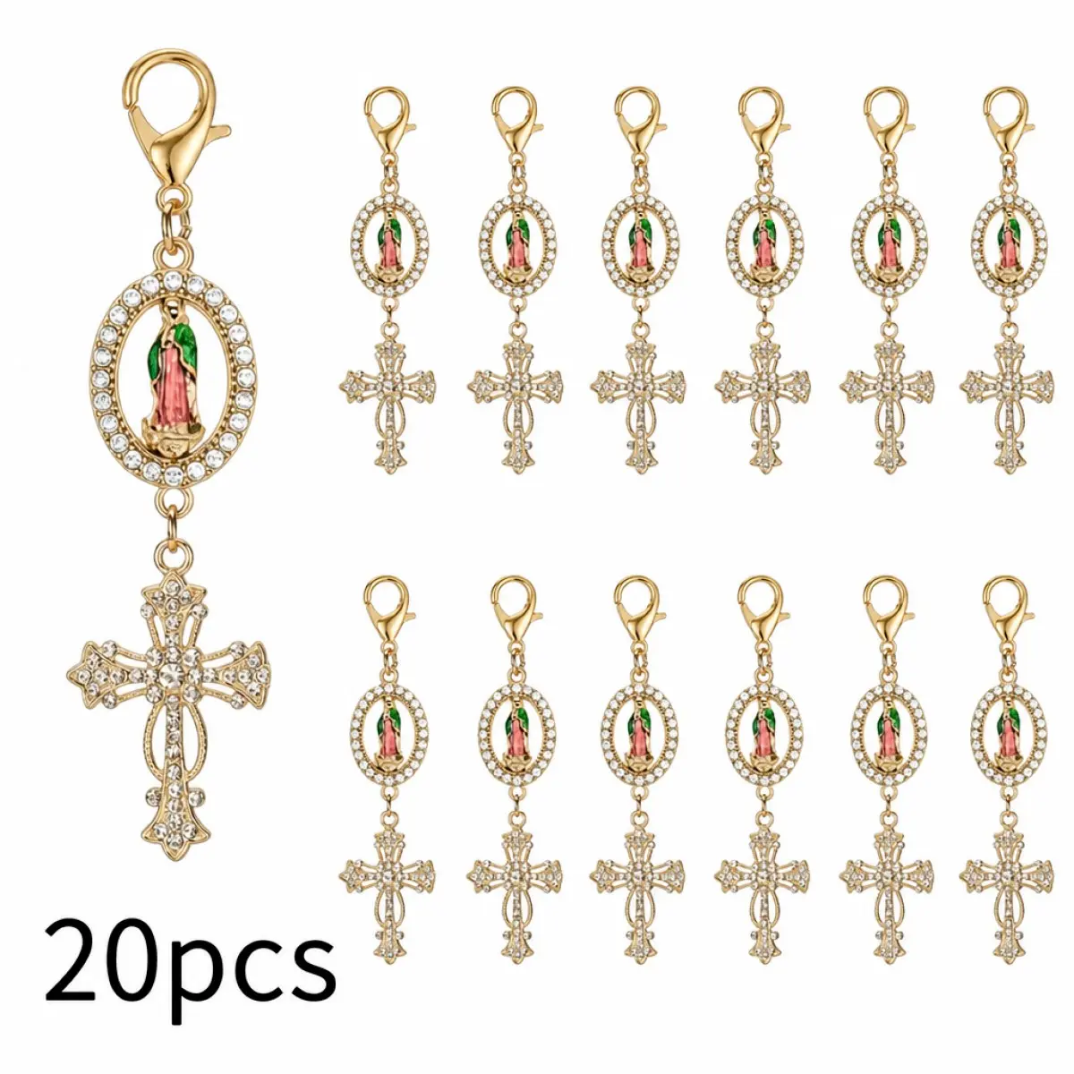 20 Pcs Pearl Rhinestone Cross Keychain Charms, Religious Cross Bag Charms for Baptism, First Communion, Wedding Favors