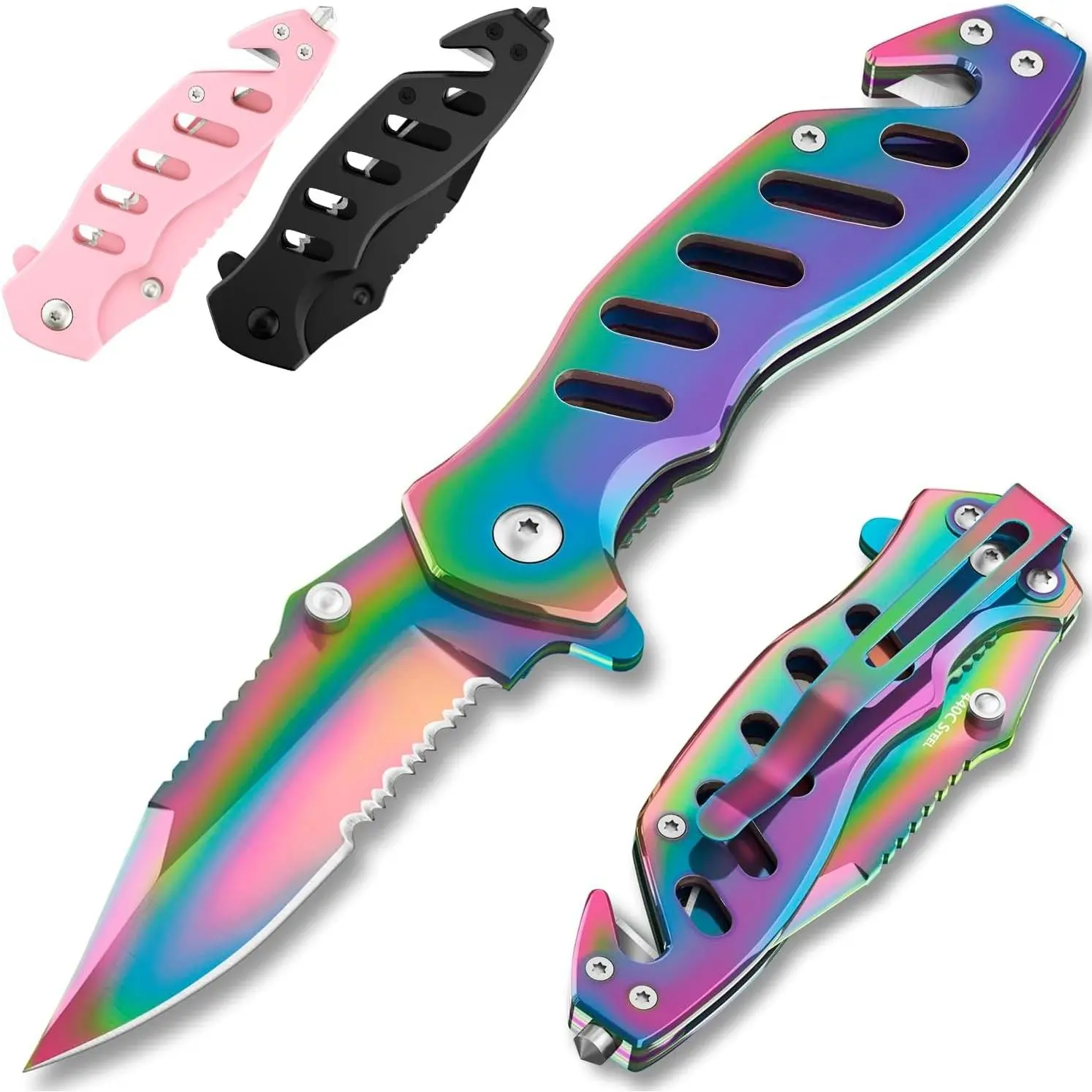 Legal Rainbow Pocket Knife with Glass Breaker & Seatbelt Cutter, 2.68 Inch Sharp Serrated Folding Blade, Cute Small EDC Knife for Women Self Defense Camping, Food Processing Cake Knife 6655R