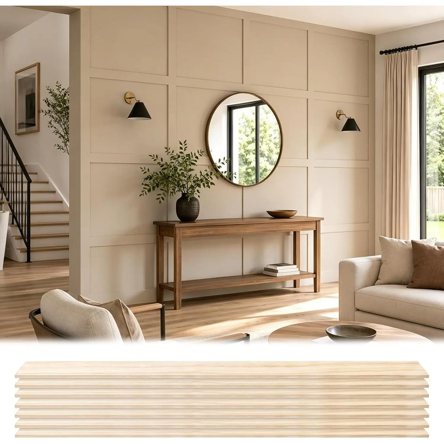 12.14 ft x 8 ft Paulownia Board and Batten Wall Panel Kit, DIY Paintable Contemporary Breathable Shiplap Wainscoting, Interior Accent Room Divider, Living Room Bedroom Home Wall Decor, Home Decor For Wall