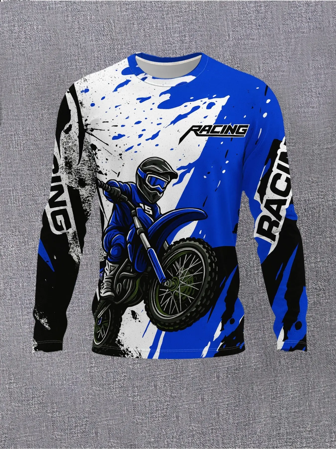 Men's Long Sleeve T-Shirt, Off-Road Motorcycle Rider Mountain Bike Ink Print, Multicolor Round Neck, Casual Sporty Top, All Seasons