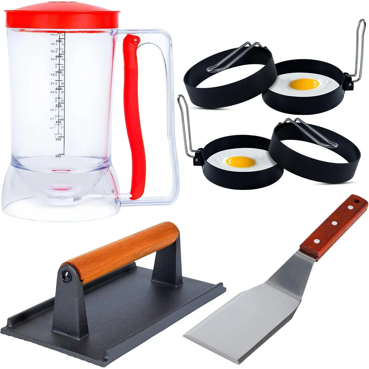 Griddle Breakfast Kit Compatible with Blackstone Griddle, Pancake Batter Dispenser, Bacon Press, 4 Egg Rings & Stainless Steel Spatula - Best for Indoor-Outdoor Cooking.