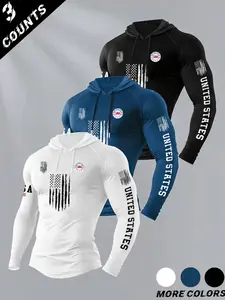 3-Piece Men's Classic Letter & Flag Print Long Sleeve Hooded T-Shirts, Casual Fitted Tops for Fall & Winter, Athletic Gym Wear, Activewear T Shirt