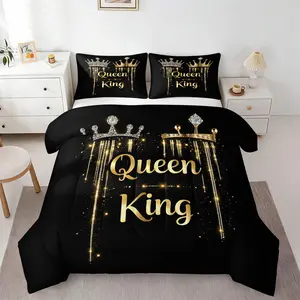 2/3Pcs King Queen Crown Print Comforter Set, Romantic Couple Quilt Bedding Set with Pillowcases, His and Hers Themed Bedspread, Luxury Royal Style, Soft Cozy for Bedroom & Wedding Decor