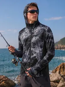 Men's Fish Print Sporty Fitted Jersey, Long Sleeve Breathable Summer Outdoor Clothing, Men's Fishing Apparel, No Button, with Collar