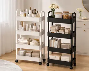 4-Tier Rolling Storage Cart with Wheels, Mobile Utility Organizer Shelf for Bathroom, Kitchen, Bedroom, Laundry Room & Office, Black/White