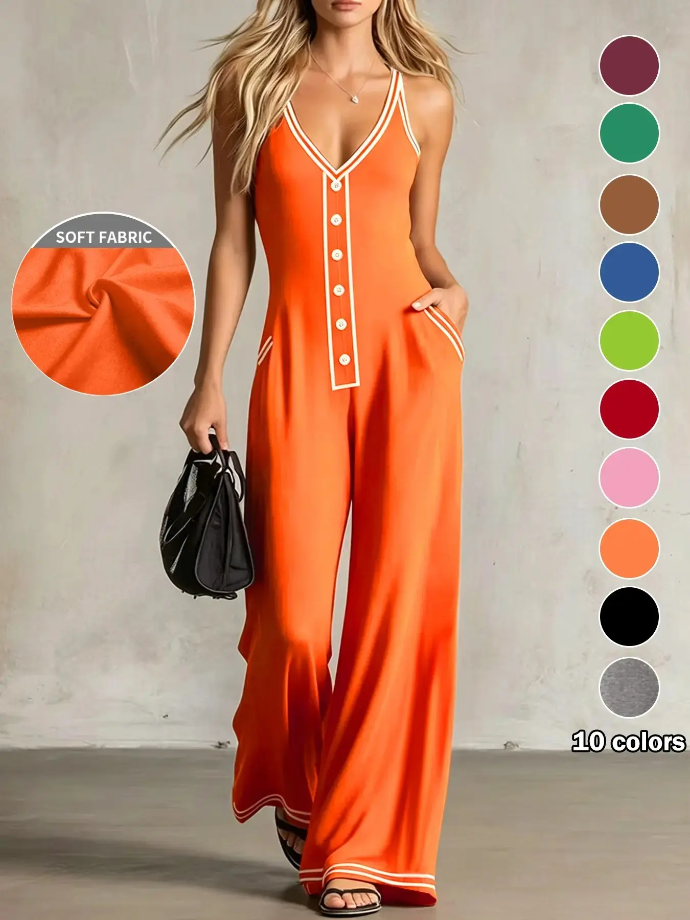 Plus Size Women's Strappy Sleeveless One-Piece Pants, Deep V Neck, Wide Leg, Pocket Design, Casual Summer Jumpsuits, Casual Office Wear, Casual Jumpsuit Overalls, Comfortable and Slimming, Wide Legs, Pocketed