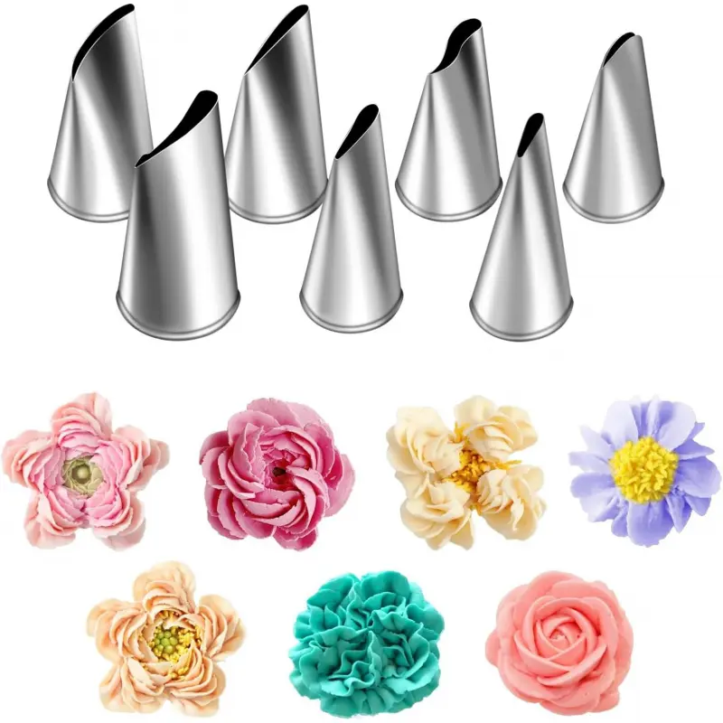 Fondant Rose Piping Tips Set, 7 Pieces Stainless Steel Cake Decorating Pastry Tools, Silver, Baking Supplies