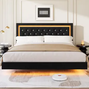 YJ-Garvee Floating Platform Bed Frame with Smart LED Lights, Upholstered Diamond Headboard, Solid Wood Slats Support, Noise-Free, No Box Spring Needed, Easy Assembly, Available in King, Queen, Full Sizes