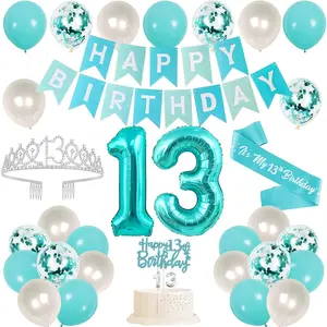 13th Birthday Decorations for Girls, Banner, 13 Years Old Sash and Crown, Cake Topper, 13 Number Balloon, Teal Blue 13th Birthday Party Supplies