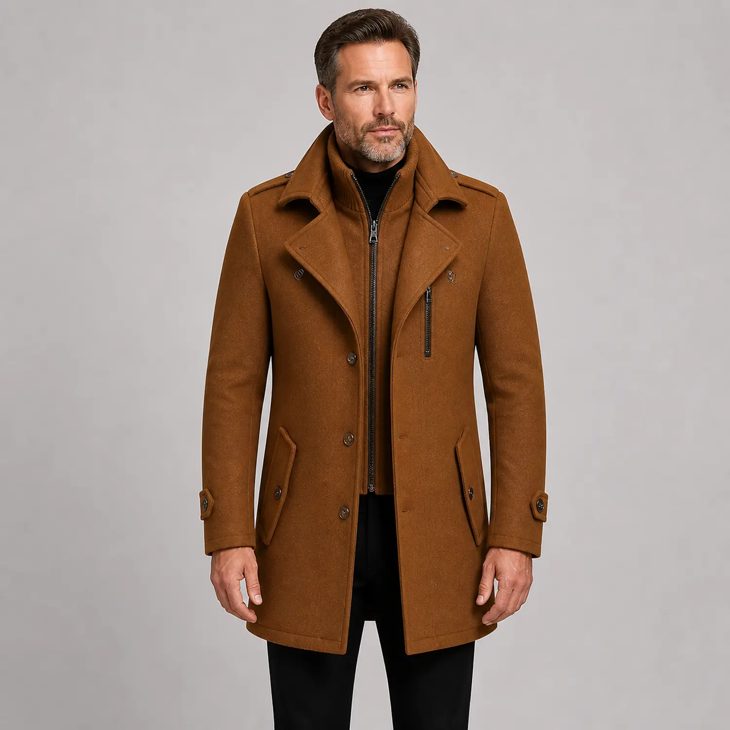 Men's Mid Length Stand Collar Coat, Layered Zip Front Jacket with Notched Lapels, Shoulder Tabs, Zipper Chest Pocket and Side Pockets, Smart Casual Outerwear for Work Travel Daily Wear