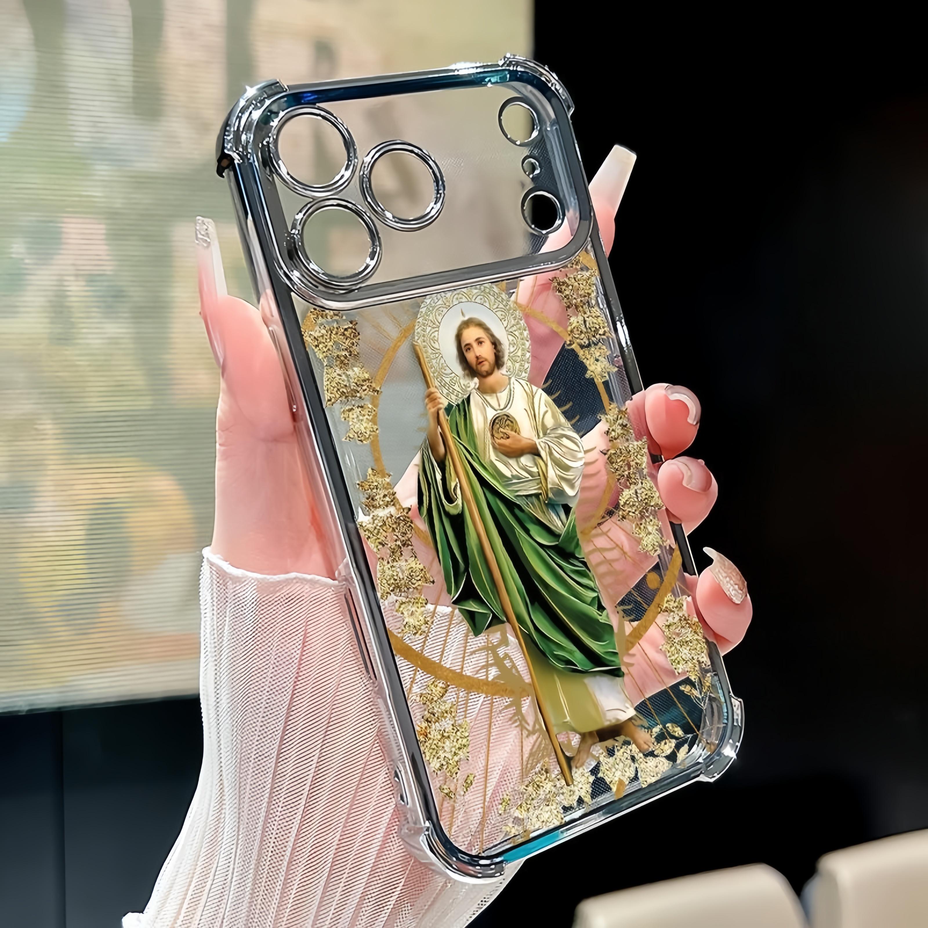 Luxury Saint Jude Thaddeus Transparent Electroplated Corner Shockproof Phone Case For iPhone 17 Pro Max 16 Air 15 Plus 14 13 12 11 E Heavy Duty Cushion Bumper Protective Cover Religious Gift For Men Women, Ideal Holiday Present