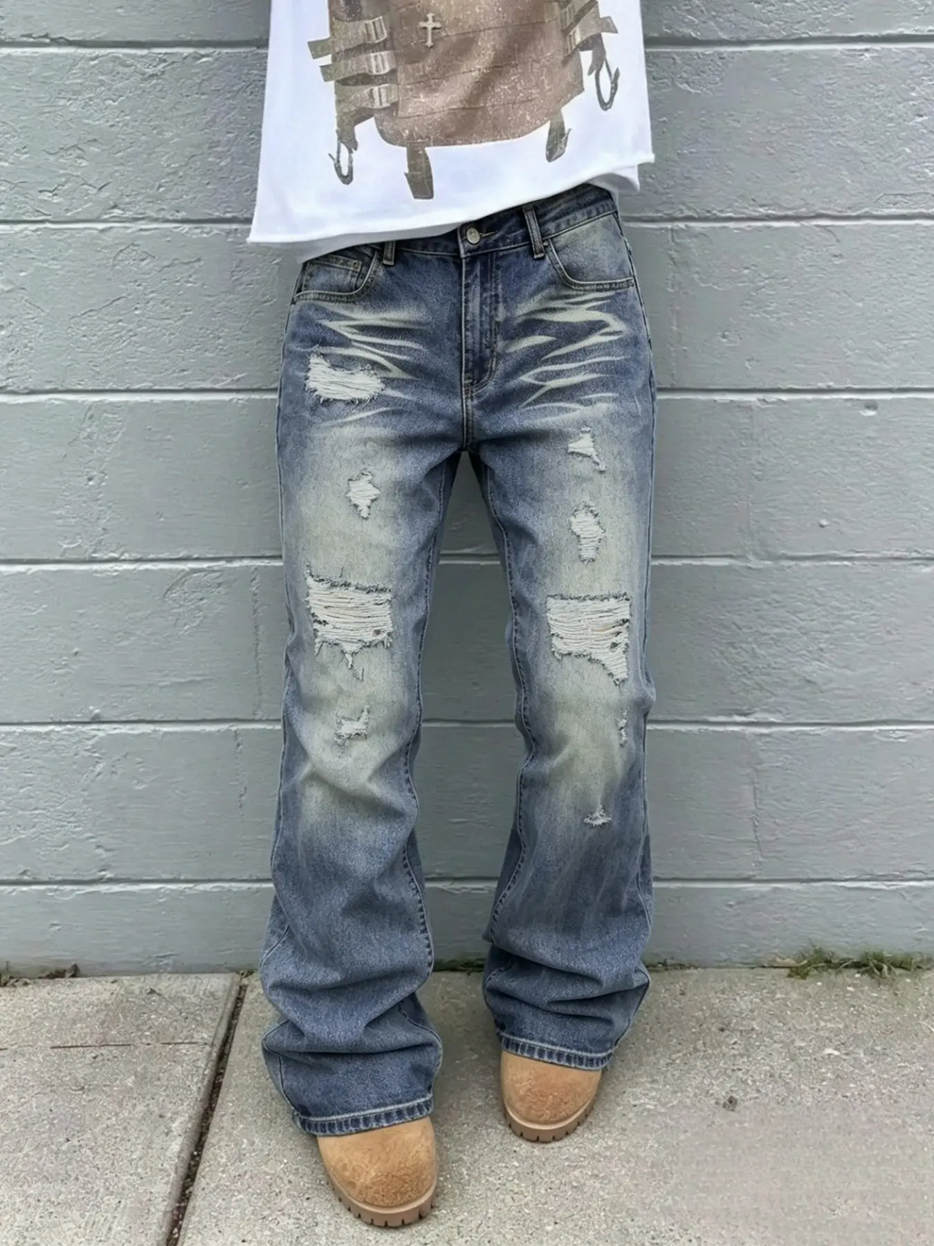 Men's Washed Blue Distressed Flare Jeans, Mid Waist Y2K Vintage Ripped Frayed Bootcut Denim Pants, Loose Streetwear Trousers For Skate Daily Street Outfits
