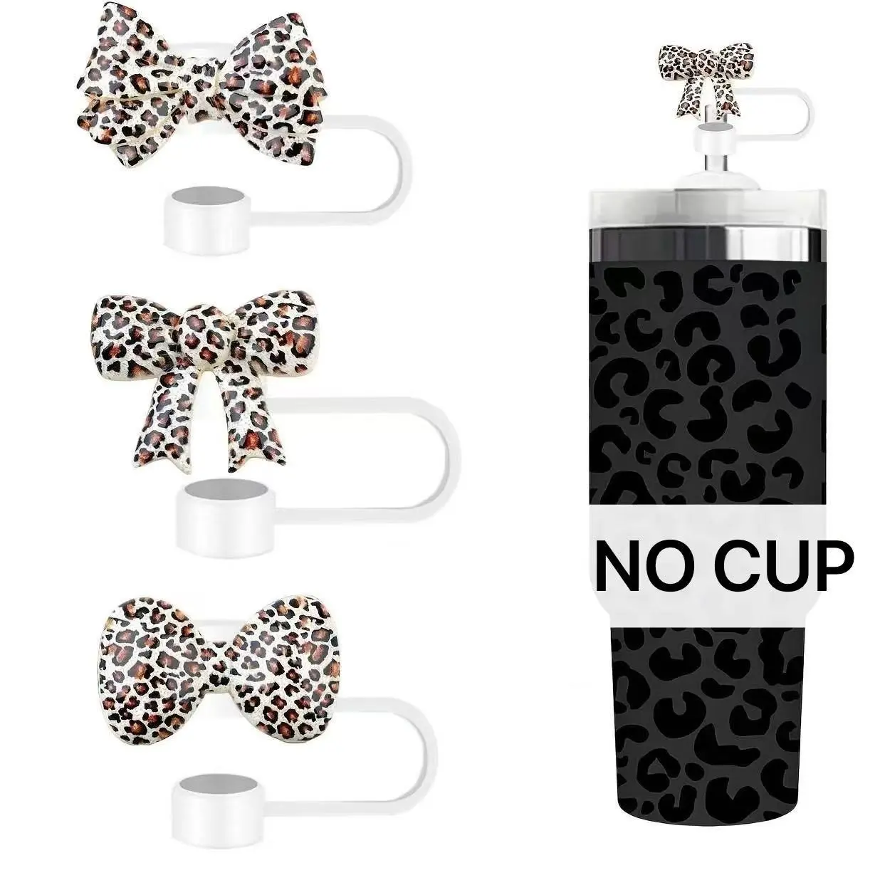 3pcs Leopard Print Bow Straw Covers, Dust-Proof Food Grade Silicone, Decorative Anti-Drip Caps, Kitchen Party Travel, Eco-Friendly Drink Accessories