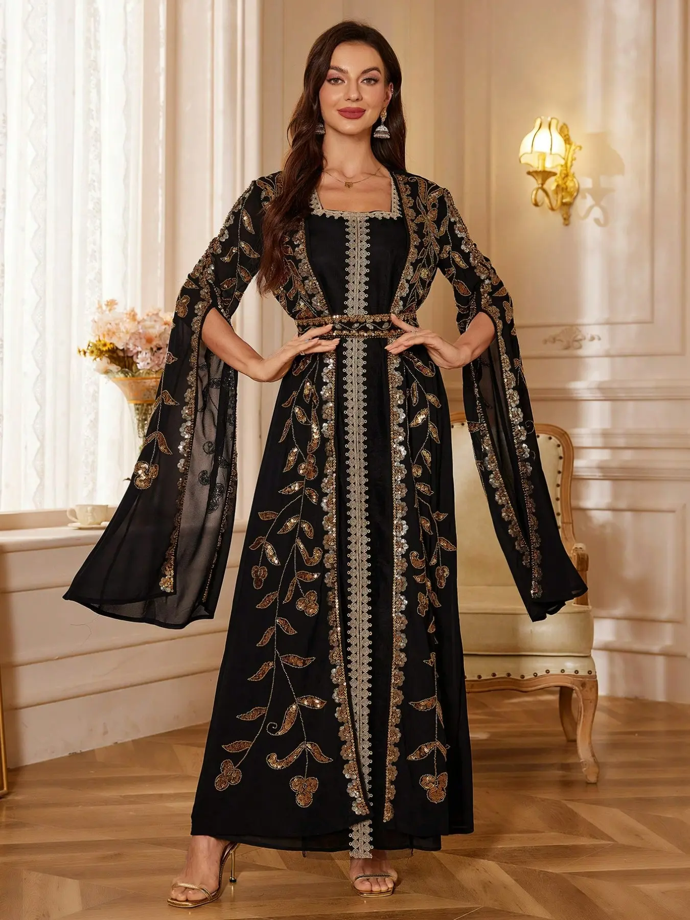 Women's 2-Piece Abaya Set, Gold Leaf Embroidered Maxi Dress & Long-Sleeve Kaftan Robe, Modest Evening Gown for Eid & Ramadan