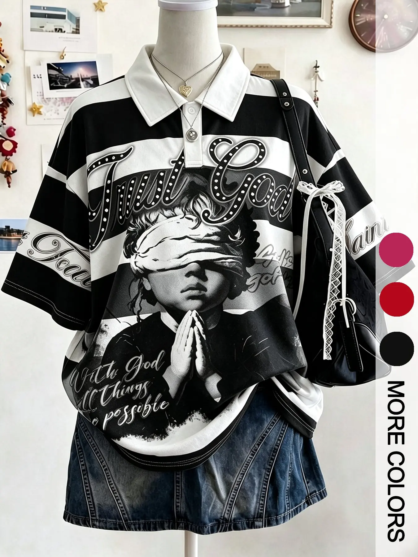 Vintage Religious Cupid Print Polo Shirt, Colorblock Stripes, Loose-Fit Streetwear, Casual Short Sleeve, All Seasons