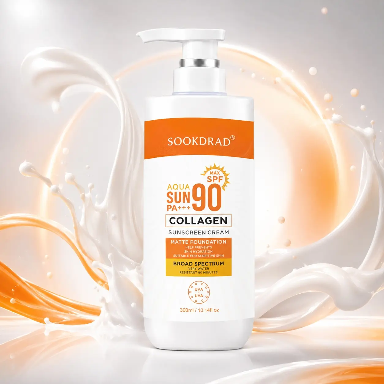 sunscreen cream, collagen, SPF90, PA+++, broad spectrum, matte finish, water resistant 80 minutes, skin hydration, suitable for sensitive skin, 300ml/10.14fl oz