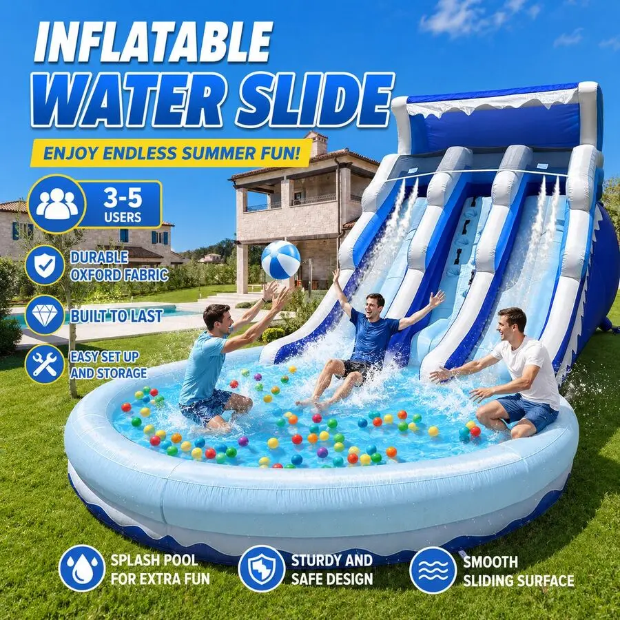20ft Large Double Lane Inflatable Water Slide With Splash Pool & Air Blower For Kids Backyard Fun(Blue) (Oxford Material)
