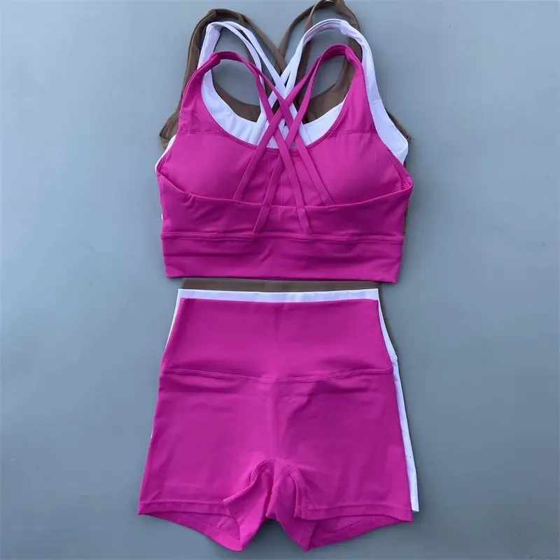Women 2 Piece Yoga Outfit Cross Back Sports Bra High Waist Shorts Stretch Workout Gym Fitness Tracksuit