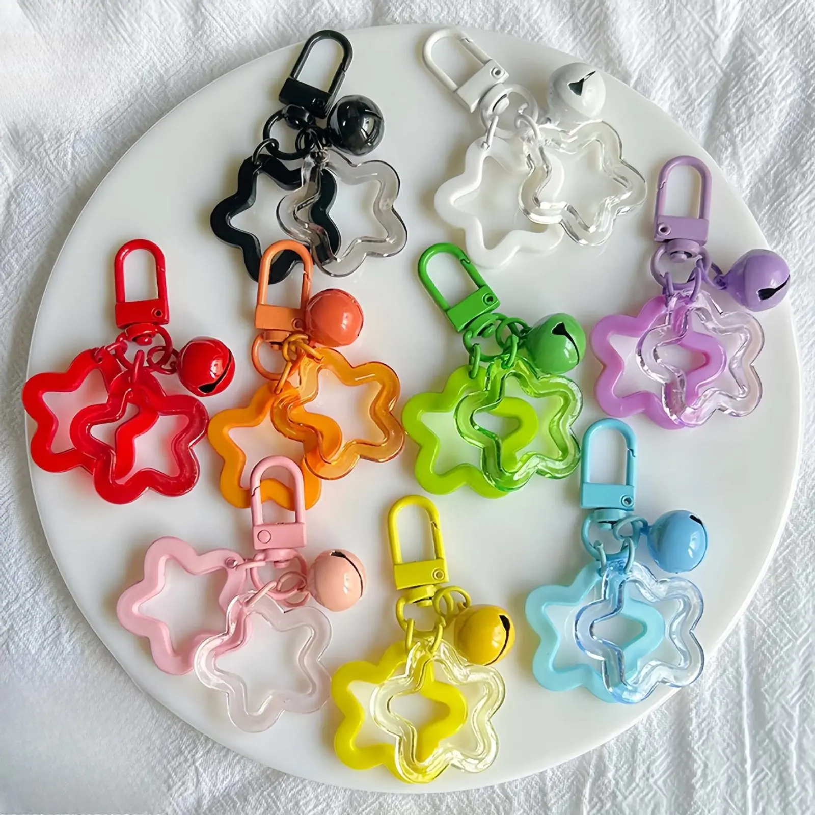 Acrylic Star Keychain, Trendy Y2K Hollow Star Bag Charm, Two-tone Contrast Bell Pendant, Lightweight Aesthetic Backpack Accessories, Cute Mini Key Holder for Purse, Earphone Case, Daily Outfit Decor