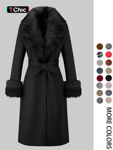 Women's Fall Winter Mid-Length Solid Color Coat, Warm Fitted Coat with Fur Collar, Waist Belt & Pockets, Casual Style