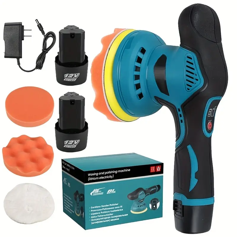 Vehicle polishing and waxing machine, 6inch dual-direction polishing kit, features 6-speed settings, up to 5500 RPM, includes 2 rechargeable batteries, ideal for car detailing and wax polishing