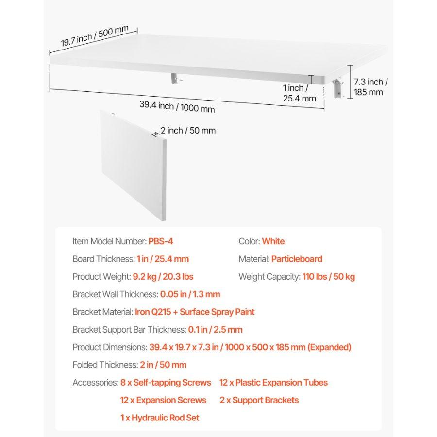 VEVOR Wall Mounted Folding Table, 39.4x 19.7 inches Wall Mount Table, Floating Desk with Iron Bracket, Fold Down Desk for Small Spaces, Home Office, Dining, Laundry Room, Kitchen, Bar, White