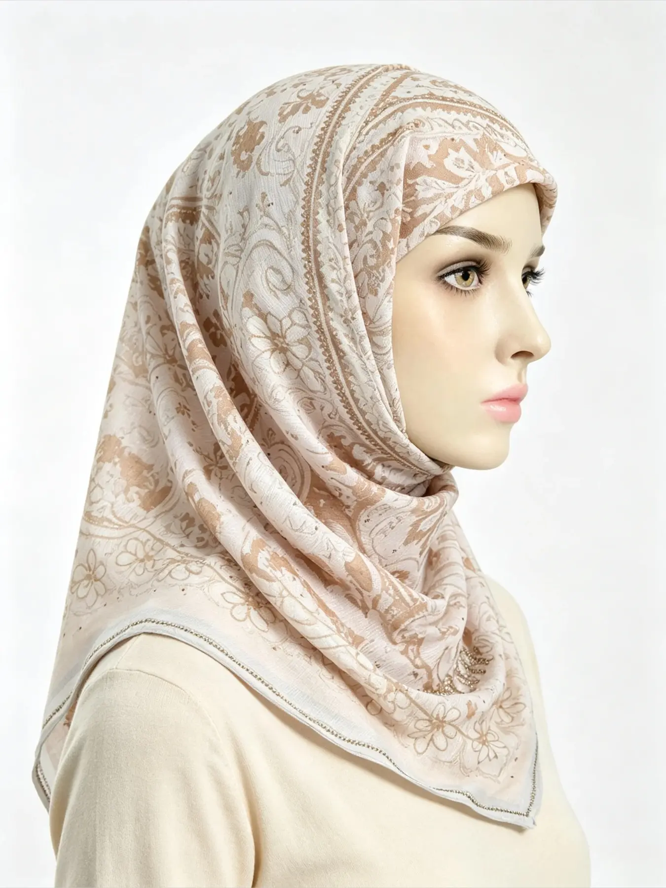 1pc Light Apricot Vintage Flower Print Chiffon Hijab Women Rhinestone Trim Square Headscarf Fashion Muslim Modest Head Wrap Paisley Hijab