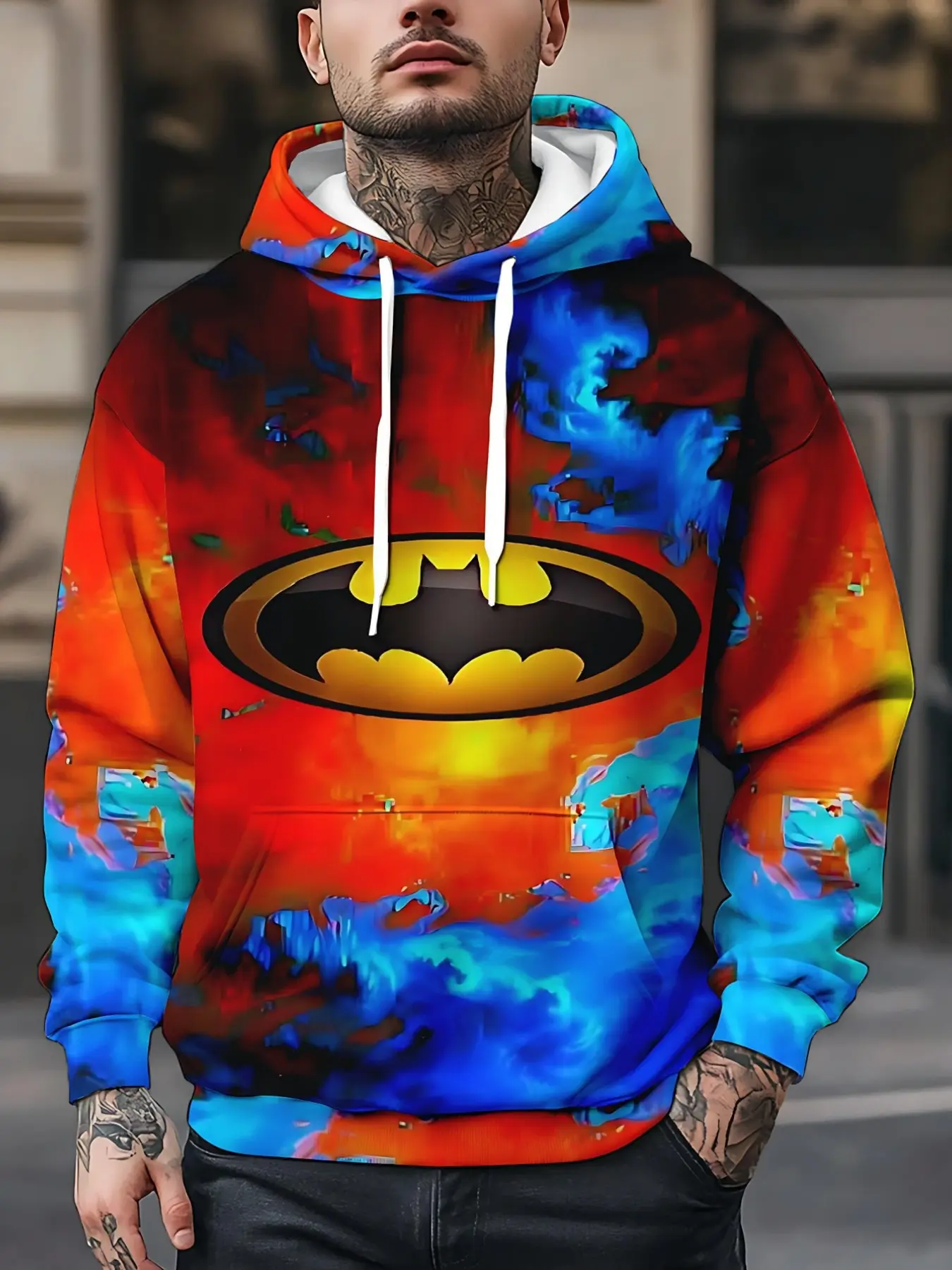 New Warner Collaboration Men's Sweatshirt, 3D Batman Print, Casual Sports Hoodie, Fitted All over Print, Unlined, Comfortable Everyday Wear