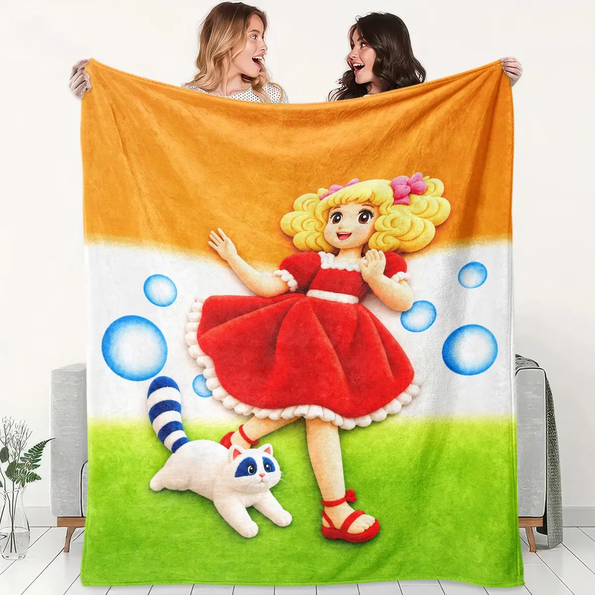 1pc Colorful Cartoon Girl Cat Flannel Blanket, Blonde Doll Red Dress White Cat Bubble Print Soft Warm Throw for Sofa Bed Office Camping Travel Birthday Christmas Gift