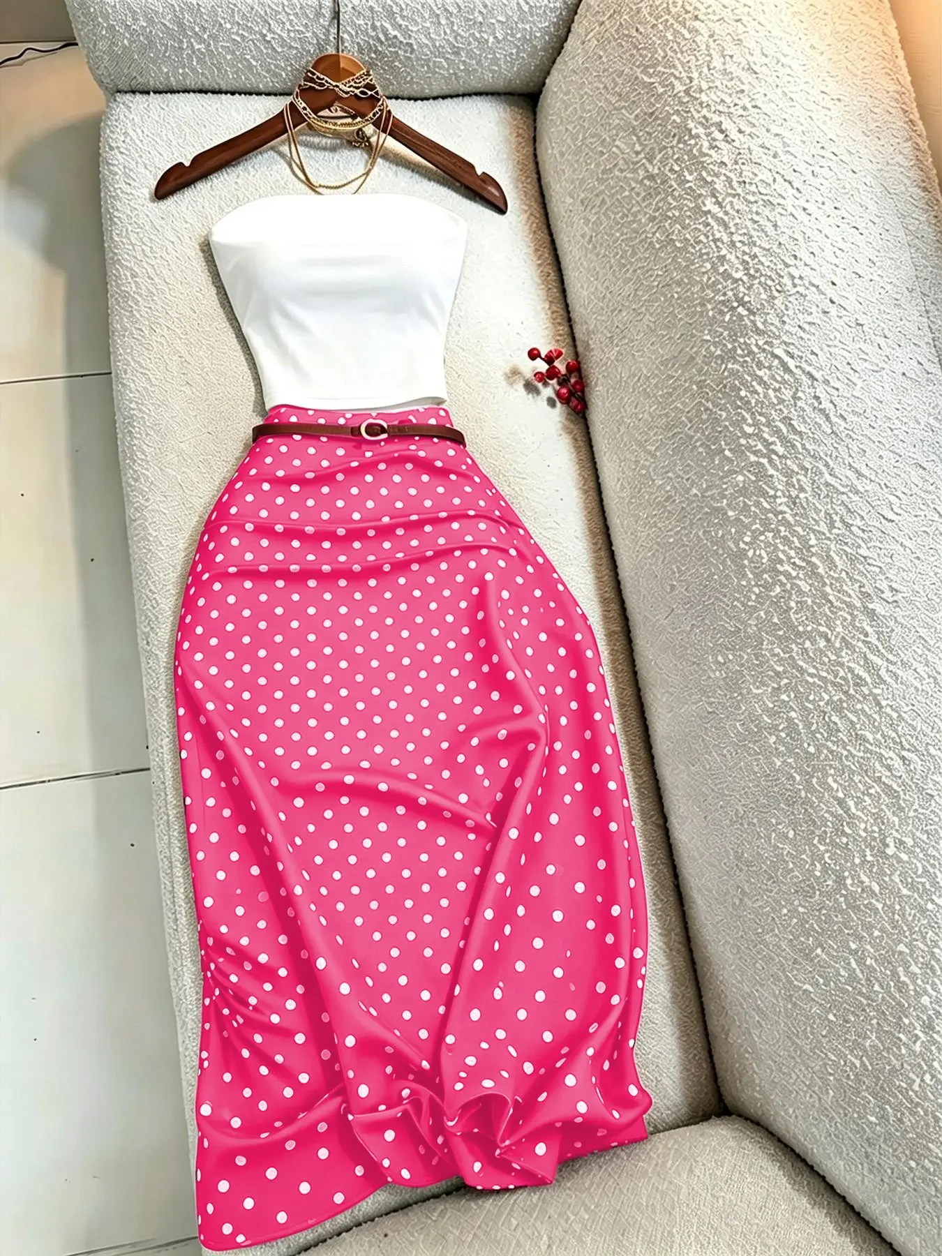 French Vintage Style Women's 2-Piece Set, Strapless Bustier and Polka Dot High-Waisted Skirt, Chic, Elegant and Retro, Perfect for Vacations and Dates