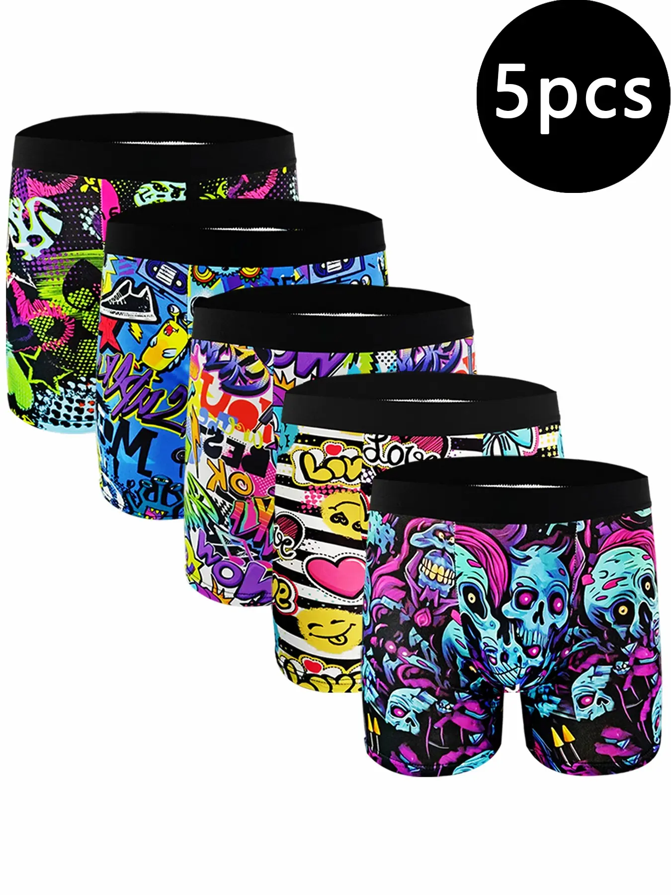 Men's Fashion Graffiti Print Underwear Set, 5 Pieces, Long Leg Design, Comfortable Breathable Fit, Trendy Sport Casual Wear, Sporty